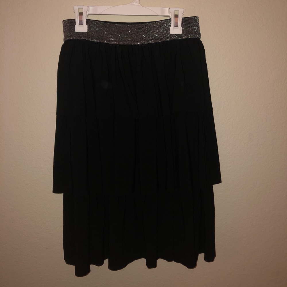 Black Ruffle Midi Skirt Silver Sparkle Waist Band
